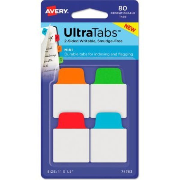 Avery Dennison Avery Ultra Tabs Repositionable Tabs, 1in x 1-1/2in, Primary: Blue, Green, Orange, Red, 80/Pack 74763